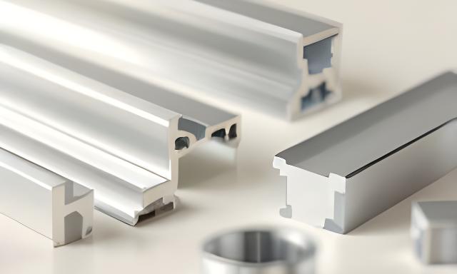 Perfiles de aluminio para muebles, manijas y rieles para cortinas presentados en una superficie clara con estética de producto terminado