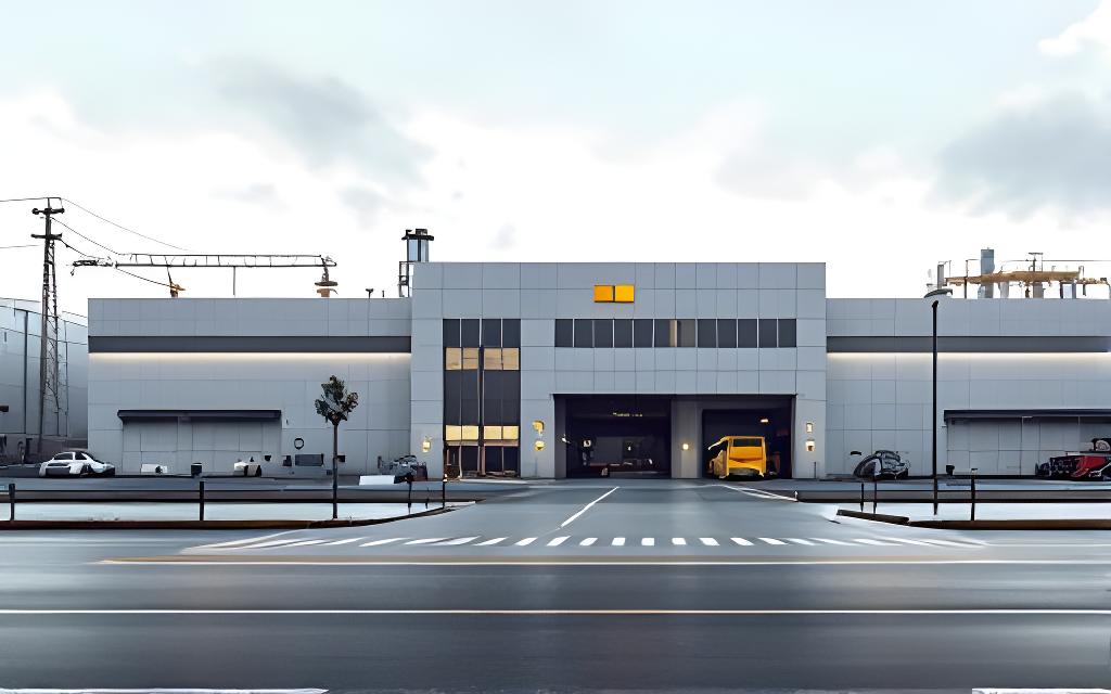 Frente de planta industrial de aluminio con acceso vehicular y señalización clara en Comodoro Rivadavia