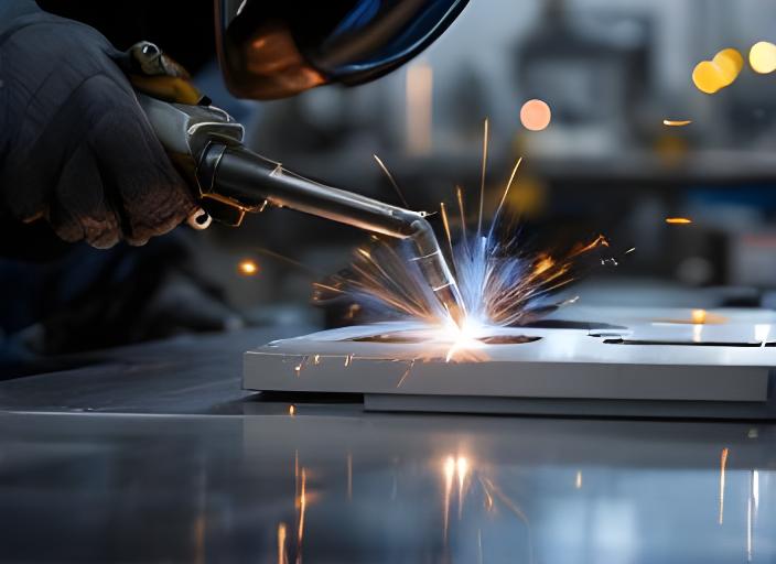 Soldadura TIG de aluminio con arco controlado y mesa metálica en un ambiente técnico limpio