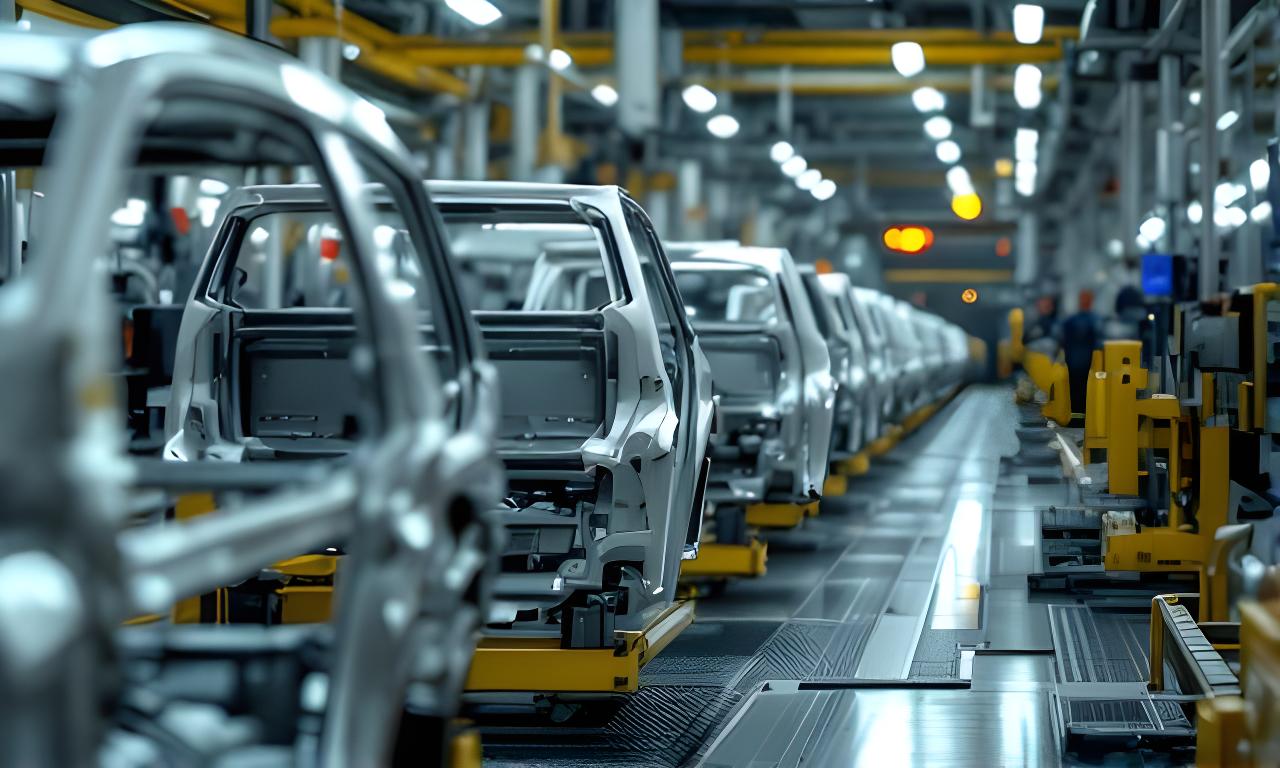 Bastidores de aluminio para una línea automotriz, con piezas alineadas sobre soportes metálicos