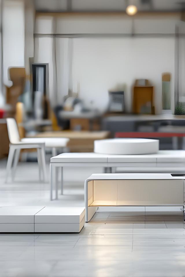 Muebles de diseño en aluminio en un taller moderno, con superficies limpias y detalles precisos